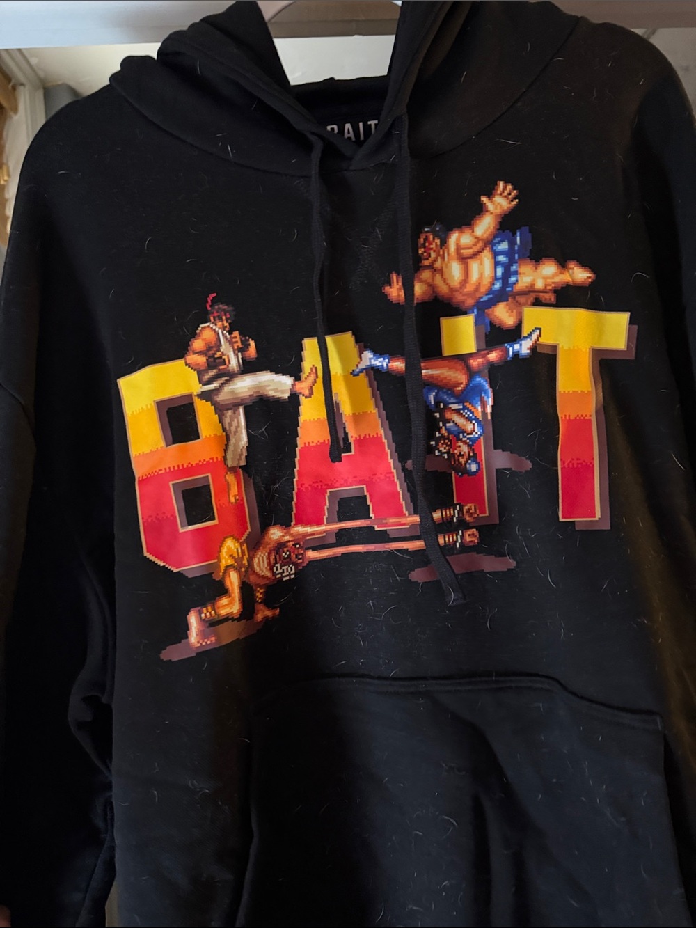 Bait Black Graphic Pullover Hoodie - Retro Arcade Fight Print